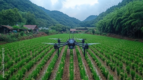 Drone surveying a rice paddy field