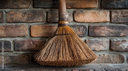 Wallpaper Mural Rustic Broom Against Brick Wall: A Study in Texture and Nostalgia Torontodigital.ca
