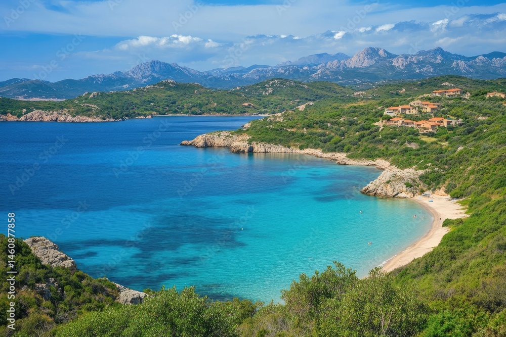 Scenic coastal view, pristine bay, lush greenery, mountains backdrop Scenic coastal view, pristine bay, lush greenery, mountains backdrop