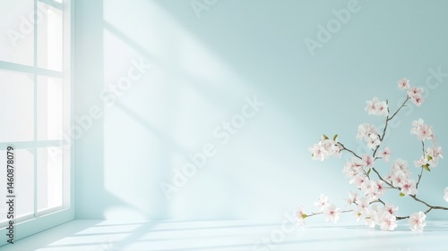 Minimalist Interior with Cherry Blossoms, Soft Light interior minimalist light cherry blossoms blue