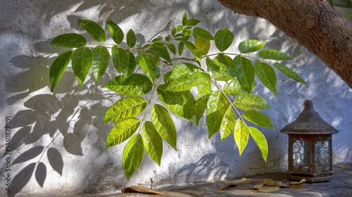 Minimalist Green Leaves Shadow on White Wall with Lantern