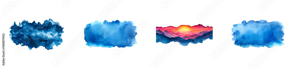Watercolor blots and sunrise mountain set, cut out transparent Watercolor blots and sunrise mountain set, cut out transparent