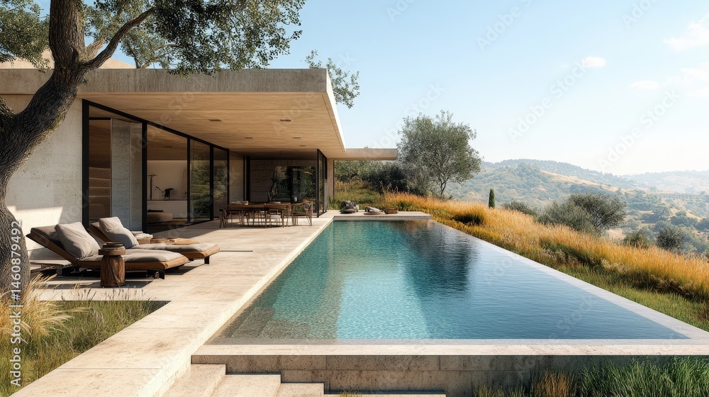 Obraz premium Modern house with a pool overlooking a hillside landscape.