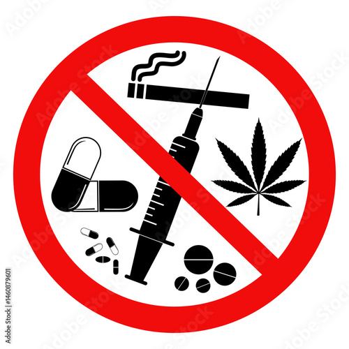 No Drug Use Sign. Prohibited Sign drugs, marijuana, pills, syringe, smoking. Vector illustration