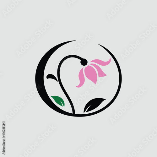 Elegant floral design with a pink flower and leaves enclosed in a decorative circle