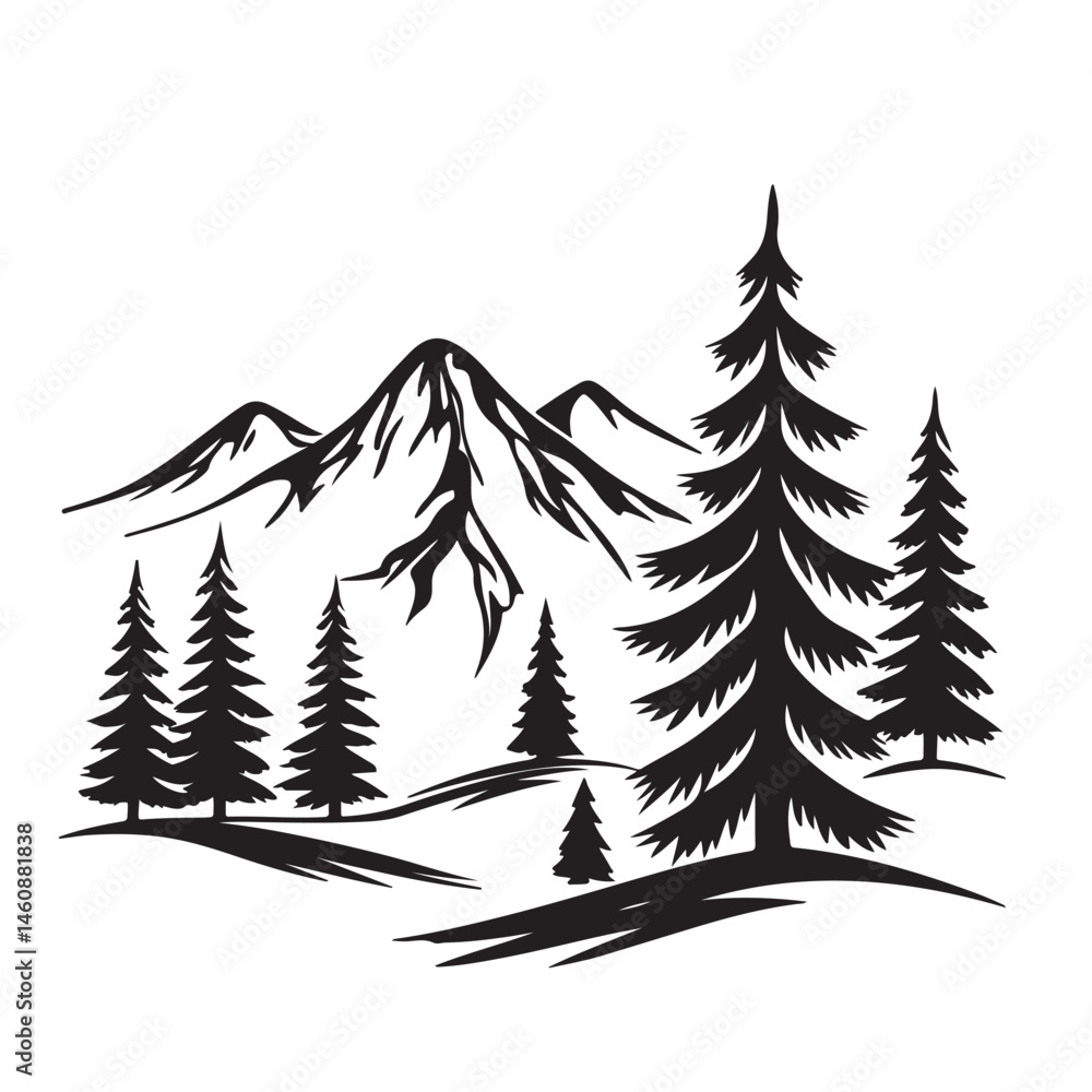 Obraz premium black and white color Mountain Landscape with Trees Silhouette