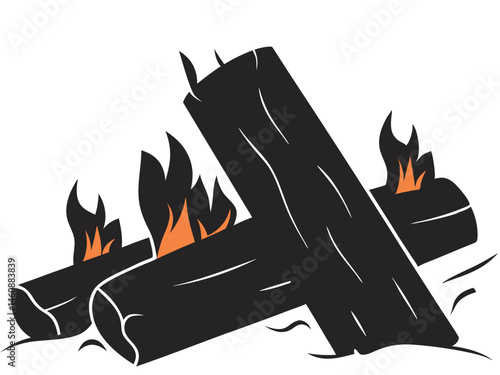 Illustration of a campfire with burning logs and flames against a white background