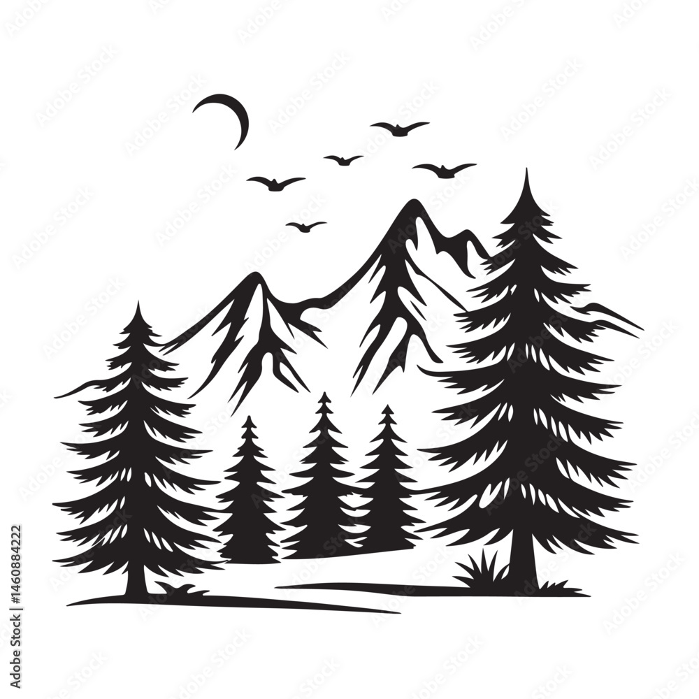 Fototapeta premium black and white color Mountain Landscape with Trees Silhouette