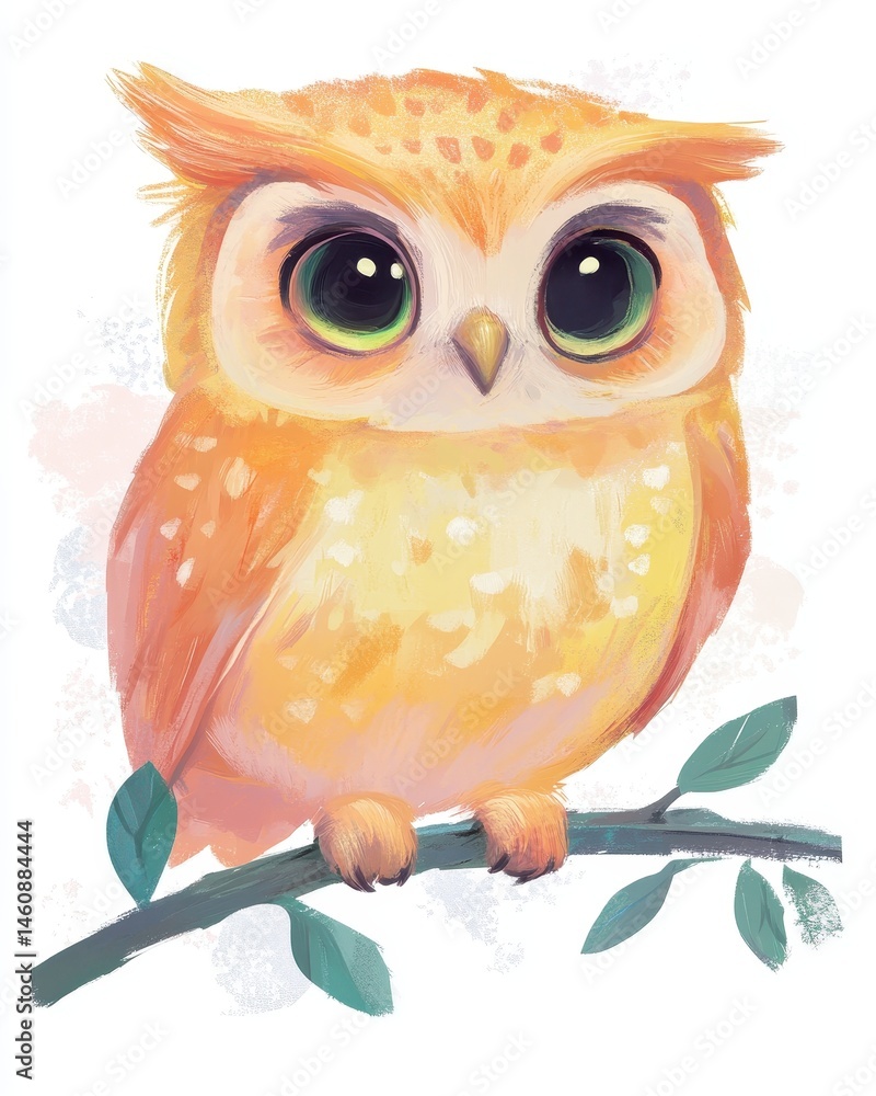Obraz premium Cute owl illustration sitting on branch digital painting front view whimsical style adorable bird with big eyes