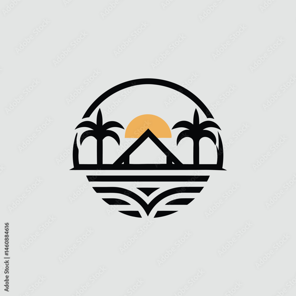 Naklejka premium Minimalist vector illustration of a tropical beach scene with palms and the sunset