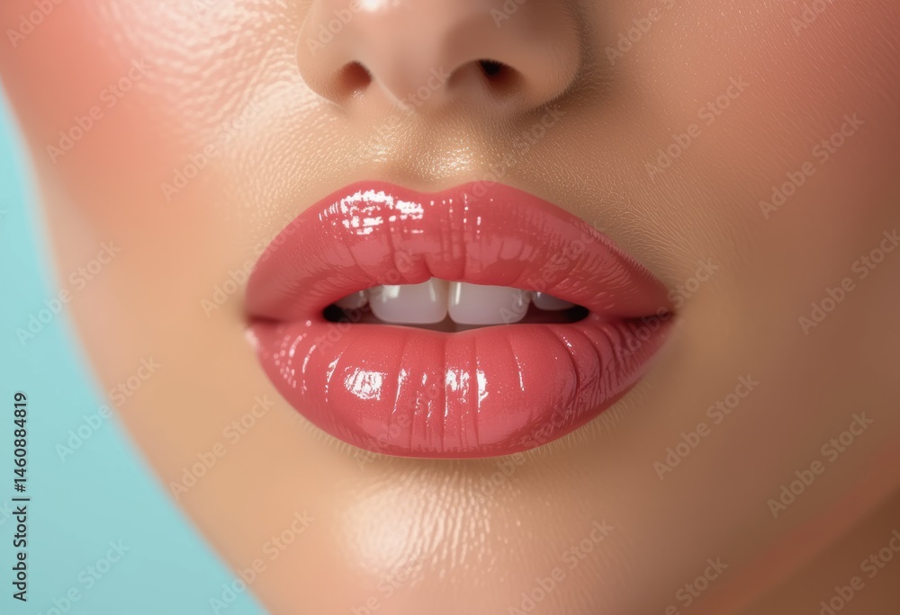 Obraz premium Close-up of glossy lips with a soft pink hue and smooth texture