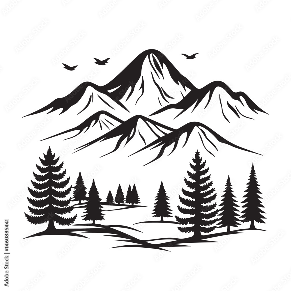 Fototapeta premium black and white color Mountain Landscape with Trees Silhouette