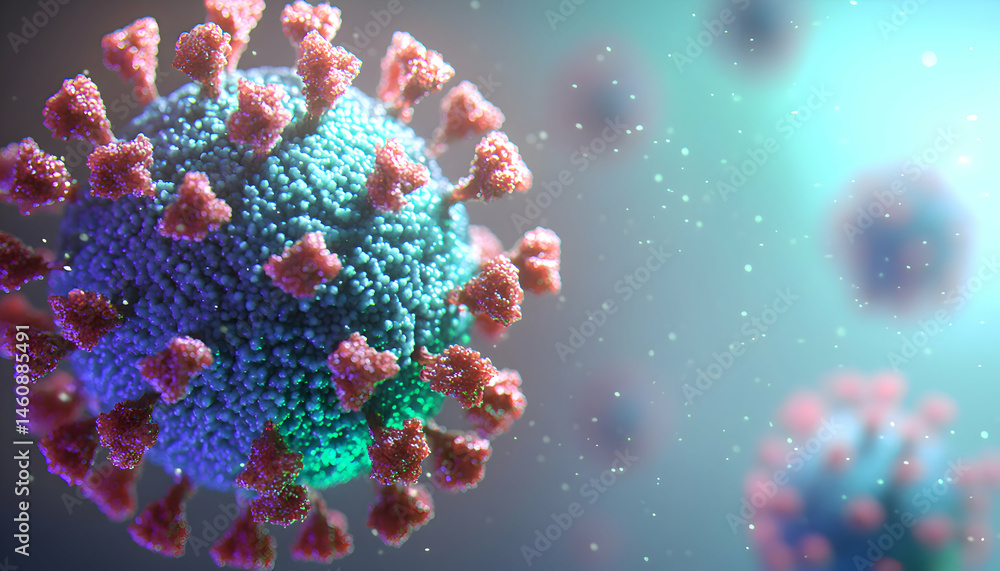Fototapeta premium Microscopic view of a virus, vibrant colors, detailed surface textures, scientific imagery, medical research, 3D rendering.