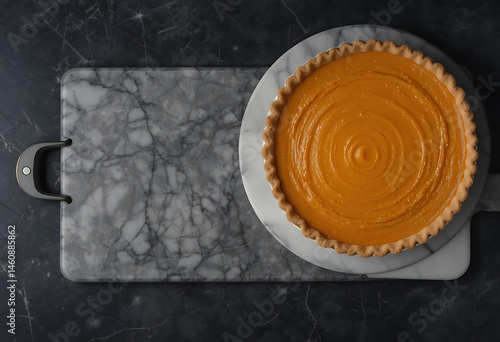 Pumpkin pie on marble cutting board. Dark background. Copy space. Top view