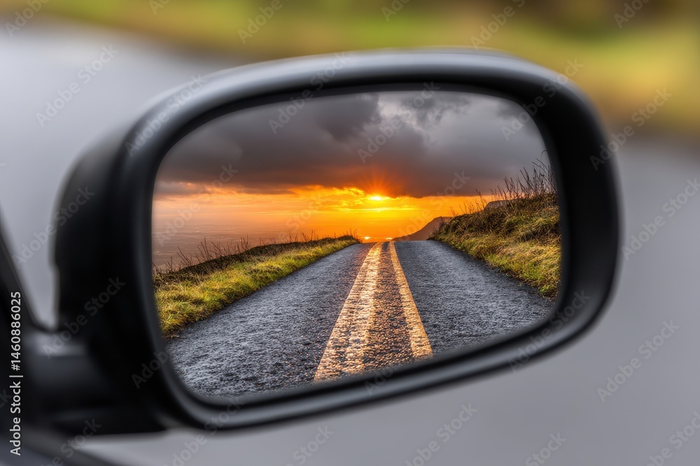Scenic Road Reflection at Sunset with Dramatic Clouds in Side Mirror, Vintage Charm of a Classic Drive, Inviting Journey Ahead Scenic Road Reflection at Sunset with Dramatic Clouds in Side Mirror, Vintage Charm of a Classic Drive, Inviting Journey Ahead
