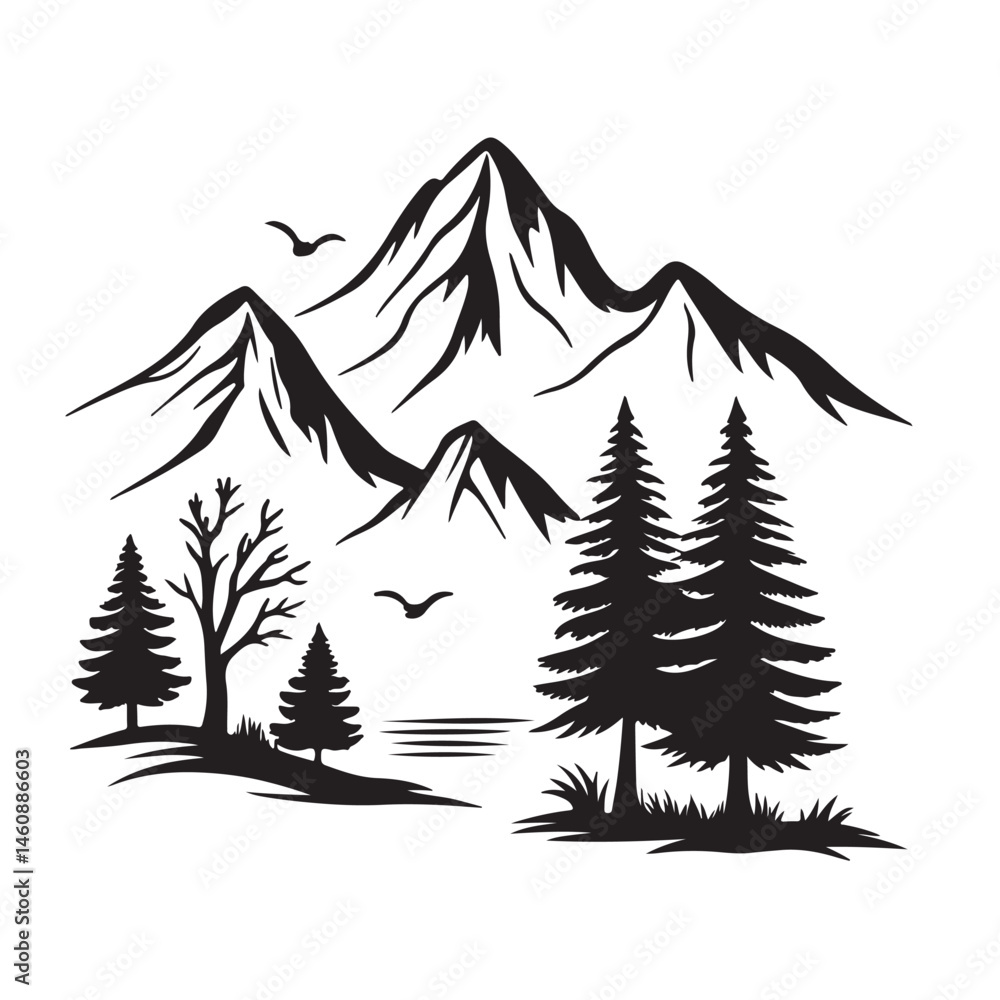 Obraz premium black and white color Mountain Landscape with Trees Silhouette