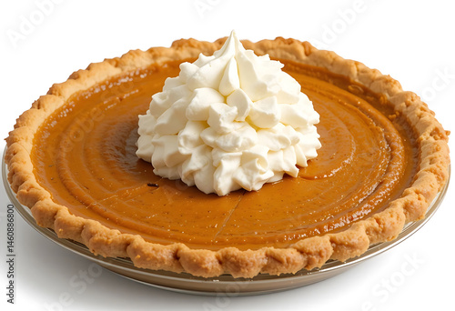 Traditional pumpkin pie for Thanksgiving dinner, topped with whipped cream, isolated on the white background 