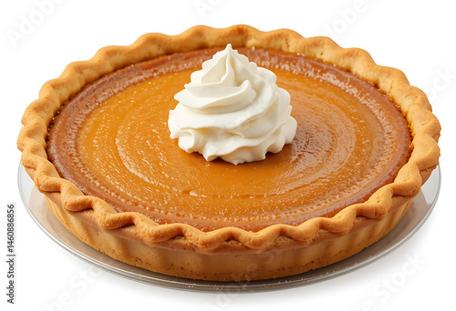 Traditional pumpkin pie for Thanksgiving dinner, topped with whipped cream, isolated on the white background 
