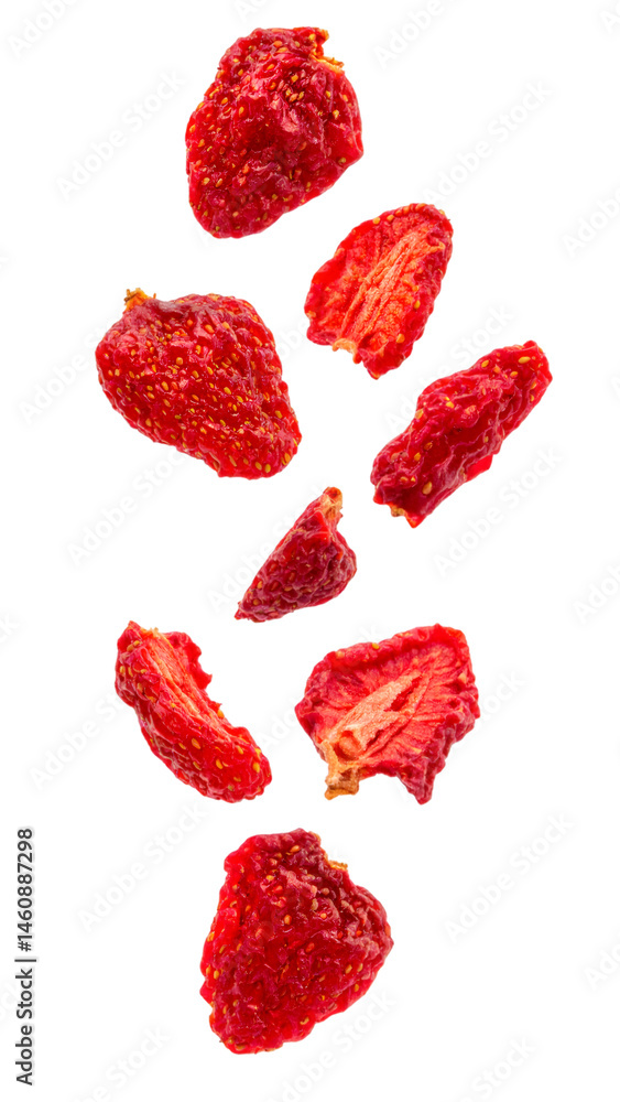 Dried Strawberries Falling on Transparent Background Dried Strawberries Falling on Transparent Background