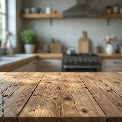 Wood table top on blur kitchen counter in morning background. beautiful abstract nature 