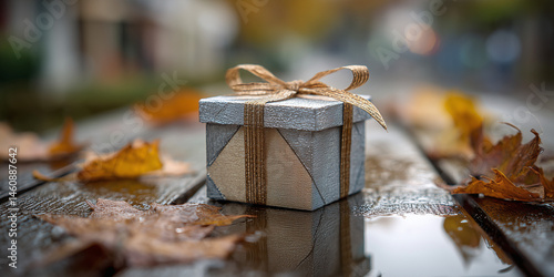 Close Up Macro Gift Box on Wet Rustic Wooden Table with Autumn Leaves