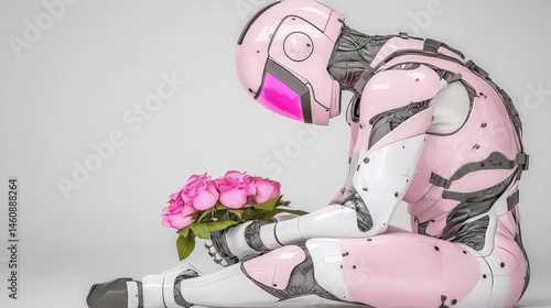 Pink Robot Holding Roses  AI  Artificial Intelligence  Futuristic  Minimalist  3D Render