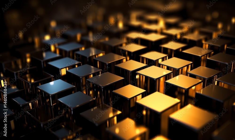 Fototapeta premium Glimmering Golden Cubes in Abstract Composition with Reflections