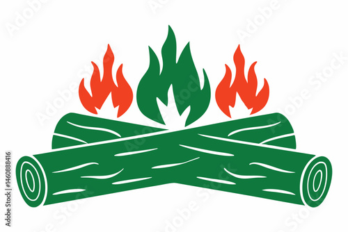 Vibrant campfire illustration with green logs and orange flames for camping and outdoor themes