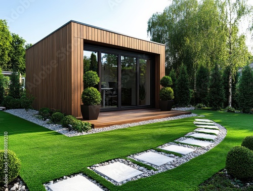 Modern garden office pod exterior view with stone path leading to the entrance; day time shot of backyard studio in landscaped garden