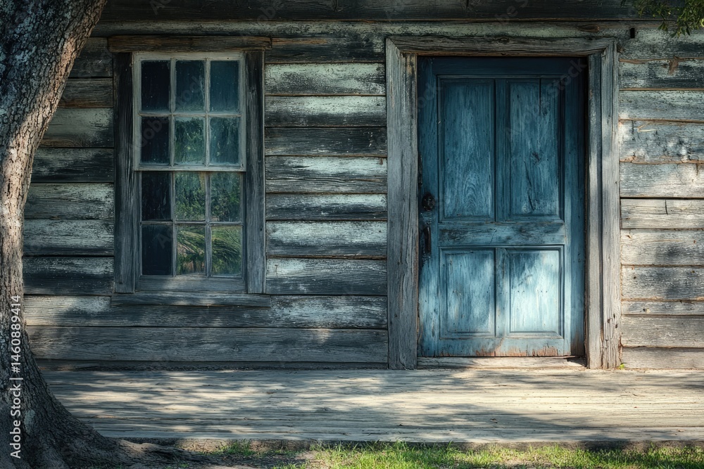 Aged wooden cabin with weathered facade, showing a blue door and windows Aged wooden cabin with weathered facade, showing a blue door and windows
