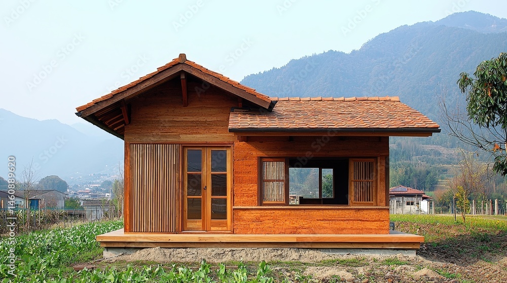 Rustic wooden cabin nestled in a mountain valley. Rustic wooden cabin nestled in a mountain valley.