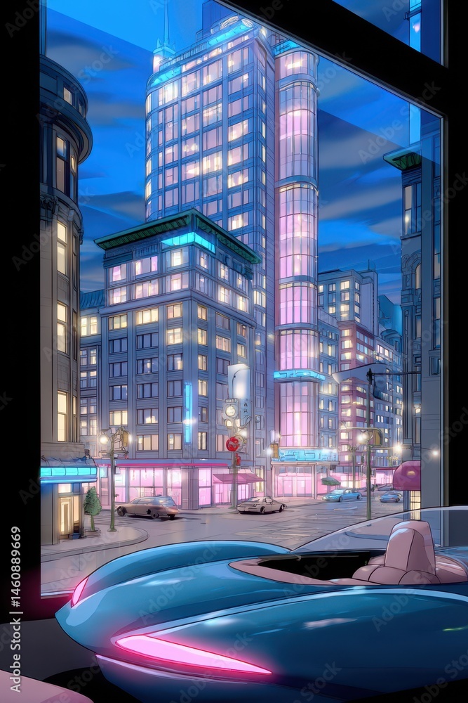 Obraz premium Retro Futuristic Cityscape View with Neon Lights and Classic Car in the Foreground Showing a Vintage Aesthetic at Night