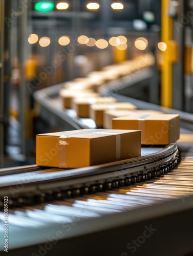 Eye-level view of cardboard boxes moving on a conveyor belt in a distribution warehouse for shipping and delivery logistics