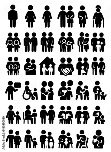Wallpaper Mural Family, relationship icon set. Vector glyph pictograms of couple, parent, child, elderly people, pregnancy, parenting, community, single mother, social care black silhouette illustration. Torontodigital.ca