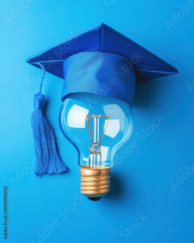Lightbulb Wearing Graduation Cap Still Life on Blue Background Symbolizing Education and New Ideas for the Future