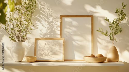 Wooden picture frames standing on a crisp white shelf, sunlight and soft shadows playing