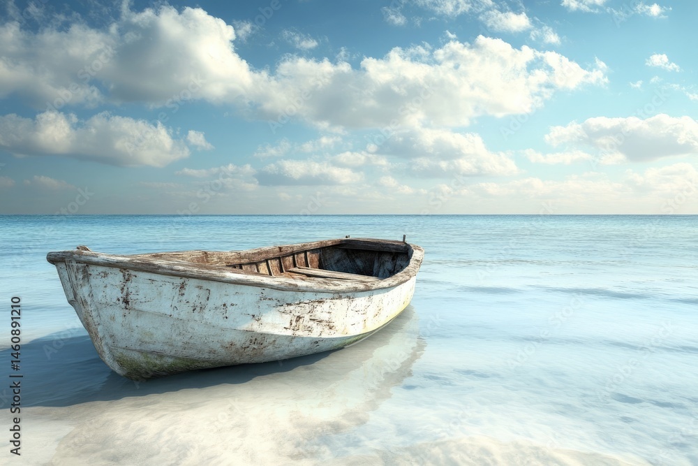 Fototapeta premium Tranquil beach scene with weathered boat (4)