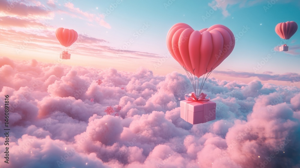 Fototapeta premium A Box flying on a parachute with pink cloud in valentine day,package flying down from sky and cloud with parachute, concept for delivery service,shopping online,air delivery service.