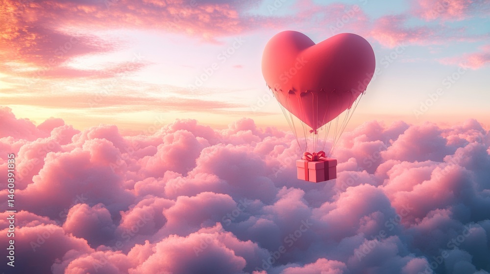 Obraz premium A Box flying on a parachute with pink cloud in valentine day,package flying down from sky and cloud with parachute, concept for delivery service,shopping online,air delivery service.