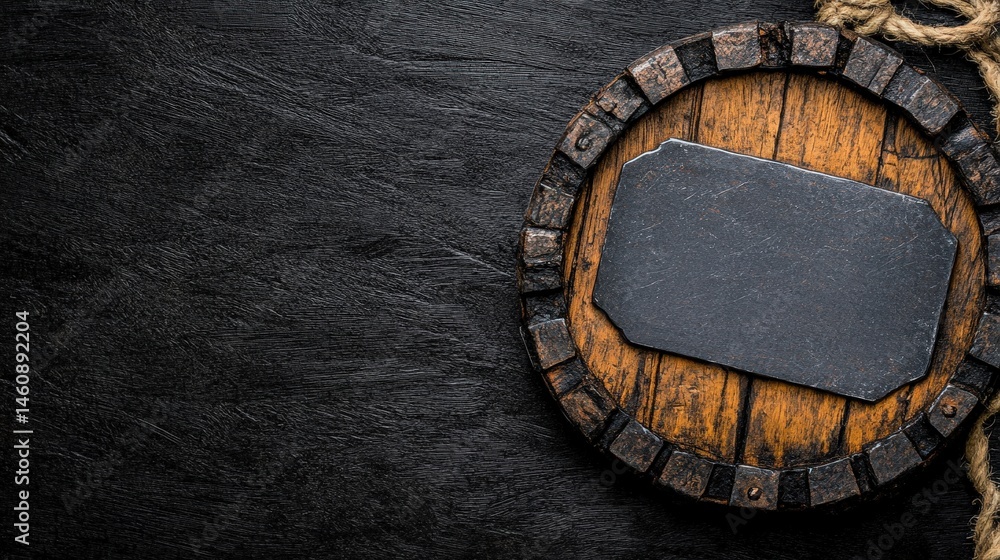 Rustic Wooden Barrel Top with Slate Sign Dark Background Copy Space