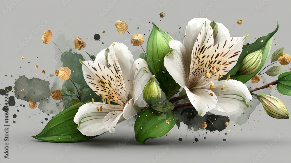 Elegant Watercolor Lilies Floral Art Print Botanical Design Soft Pastel Hues White Flo