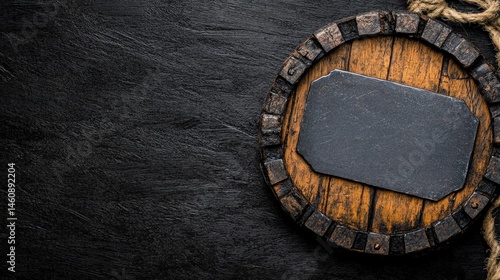 Obraz na płótnie Rustic Wooden Barrel Top with Slate Sign Dark Background Copy Space w salonie