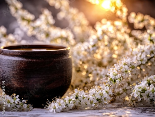 Wallpaper Mural Dark Ceramic Pot Surrounded by White Blossoms on Rustic Wood Surface in Soft Golden Light Still Life Torontodigital.ca