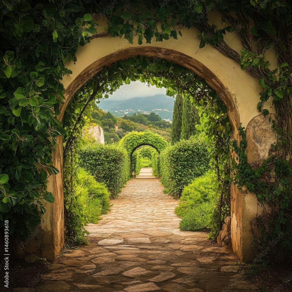 Fototapeta premium Tranquil Garden Pathway Surrounded by Lush Greenery and Arches