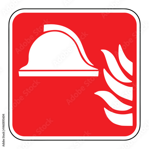 Emergency firefighting helmet with flame illustration sign, white firefighting equipment icon on a red square background, vector illustration.