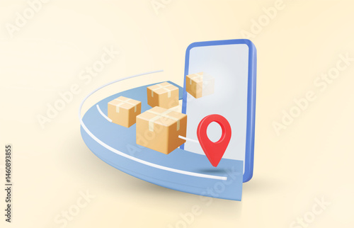 3D vector illustration rendering of parcel boxes floating off mobile phone screen, arranged in rows on a sliding track at high speed, with pins indicating delivery location. Online shipping concept.