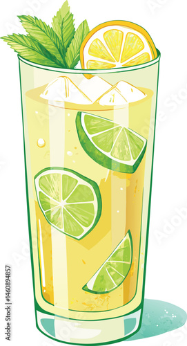 Isolated on white, a fresh mojito cocktail with lime and mint in a glass shows a cool, citrusy refreshment