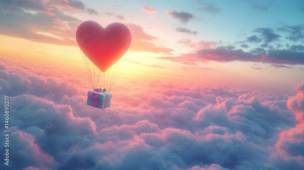 Obraz premium A Box flying on a parachute with pink cloud in valentine day,package flying down from sky and cloud with parachute, concept for delivery service,shopping online,air delivery service.