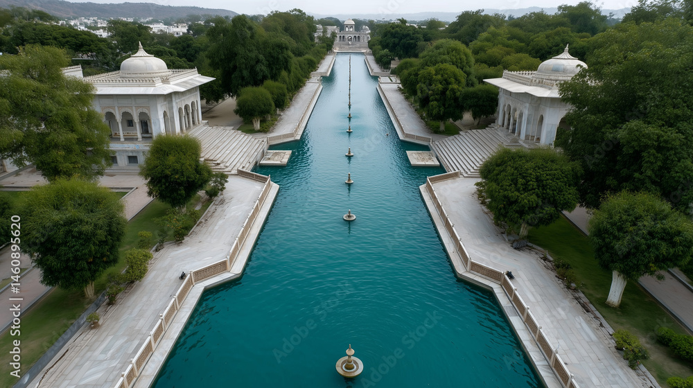 Fototapeta premium Palace Gardens Canal: A serene canal runs through lush palace gardens, with elegant buildings flanking its sides. The turquoise water reflects the surrounding greenery creating a peaceful atmosphere.