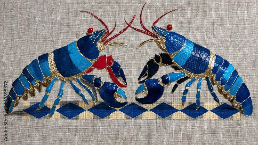 Elegant Blue Lobsters on Checkered Tablecloth Minimalist Seafood Art